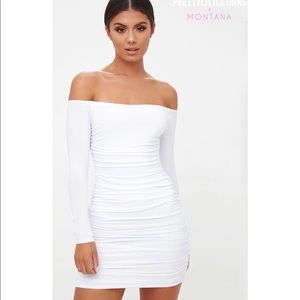 PLT White Bardot Ruched Bodycon Dress